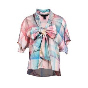 Marc By Marc Jacobs - Multicolored Pastel Plaid Short Sleeve Silk Blouse W/ Neck